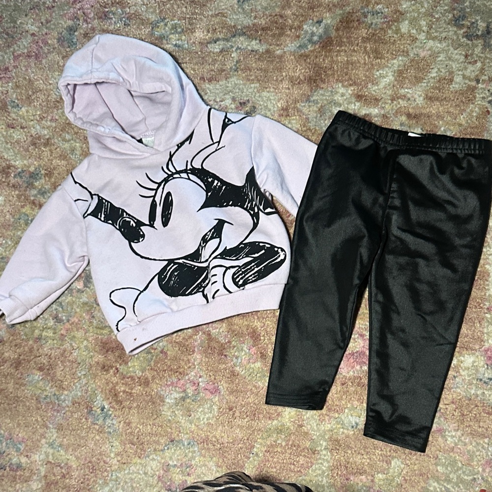 Zara 9-12 Months girls set Pink Minnie Mouse Hoodie and Black Leggings Set